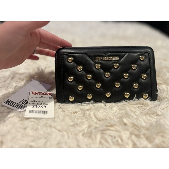LOVE MOSCHINO Black Vegan Leather Gold Heart Studded Full Zip Wallet Red Inside - Picture 2 of 16